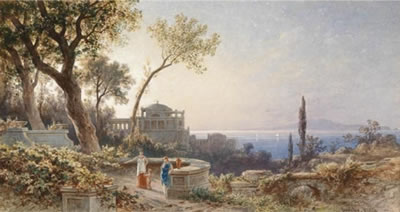 Italian coast and figures on a terrace