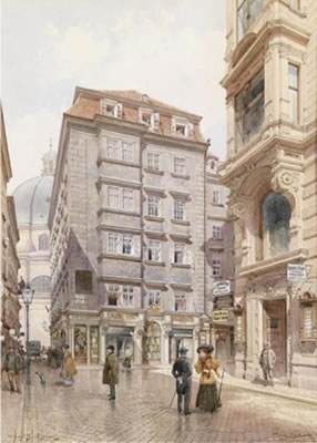The textile shop Albert Hardt in Freisingergasse, St. Peter's church in the background