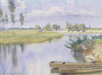 A landscape with boats and a pond