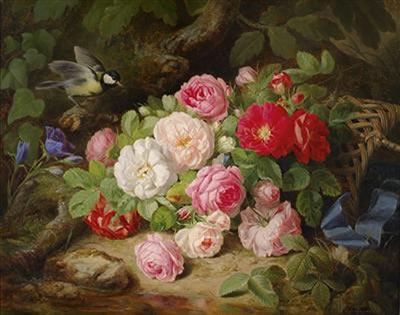Bouquet of Roses on a Forest Floor with Bird, Butterfly and Basket with a Blue Ribbon