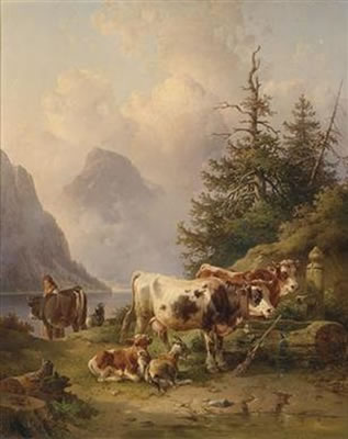 Herd of Cows by the Lake Shore