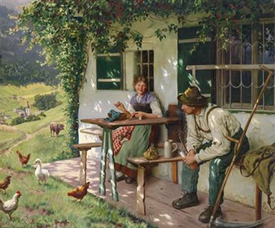 Young Couple outside a Farmhouse in Upper Bavaria by Emil Rau - Auction record, sale price, and art valuation. Compare with similar artists and explore comparable artworks.