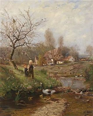 Spring Landscape with Two Children and Geese by Adolf Lins - Auction record, sale price, and art valuation. Compare with similar artists and explore comparable artworks.
