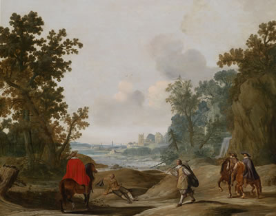 Travellers and horsemen in a wide landscape