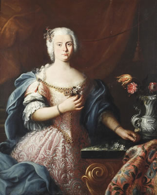 Portrait of a noble lady in three-quarter profile in a pink dress and blue cloak next to a table with a vase of flowers decorated with a silver coat-of-arms by Sebastiano Ceccarini - Auction record, sale price, and art valuation. Compare with similar artists and explore comparable artworks.