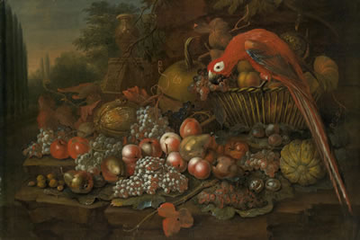 Still life with fish and a parrot
