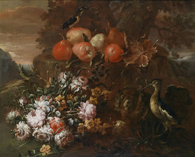 Still life with flowers and fruits with a snipe and a kingfisher