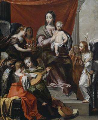 The Madonna Enthroned with Child and angels making music