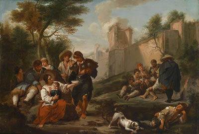 Peasants resting outside the walls of a ruined city
