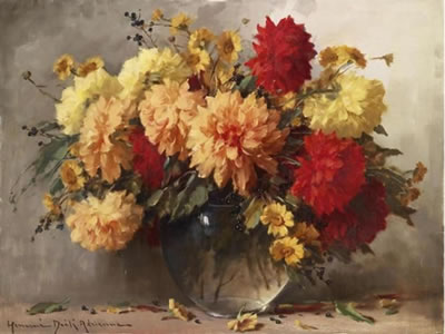 Large, Decorative Still Life with Dahlias
