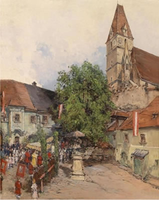 Marketplace in Weißenkirchen in the Wachau with Corpus Christi Procession by Otto Elsner - Auction record, sale price, and art valuation. Compare with similar artists and explore comparable artworks.