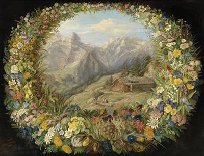 View of an Alpine Landscape Surrounded by a Wreath of Flowers