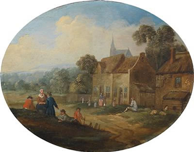 A landscape with a village and peasants