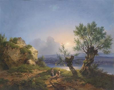 River scenery with human and animal figures in the foreground