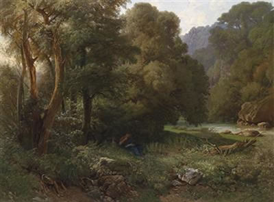 A Mountain Landscape in the South with a Young Woman Reading in the Shade of a Riverbank
