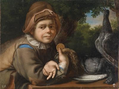 A young poultry vendor with a Spanish escudo coin from 1729 featuring the portrait of King Philip V of Spain