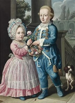 Children with a small dog and a basket of fruit