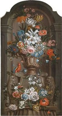 A magnificent still life and a vase of flowers and a parrot in a niche