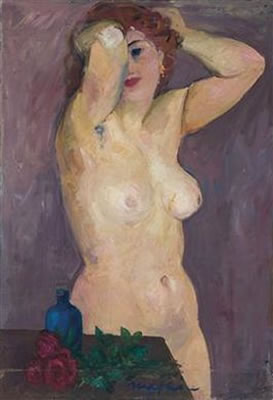 Nudo con rose e bottiglia blu
