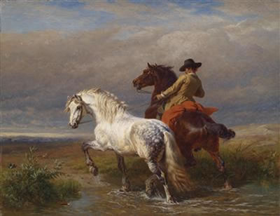 Horseman with Grey by the Ford by Charles Philogene Tschaggeny - Auction record, sale price, and art valuation. Compare with similar artists and explore comparable artworks.