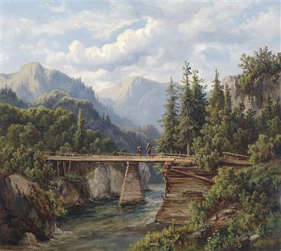 Wooden Bridge over a Mountain Stream with decorative figures