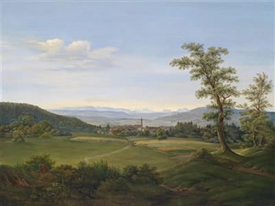 View of Mattighofen towards the Salzkammergut with Traunstein