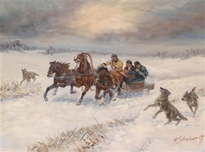 Troika in the Snow on a Wolf Hunt