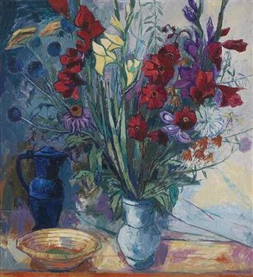 Still life with a bouquet of flowers and a blue watering can