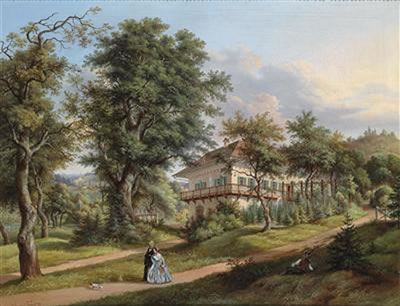 Park Landscape with Couple Walking in the Foreground