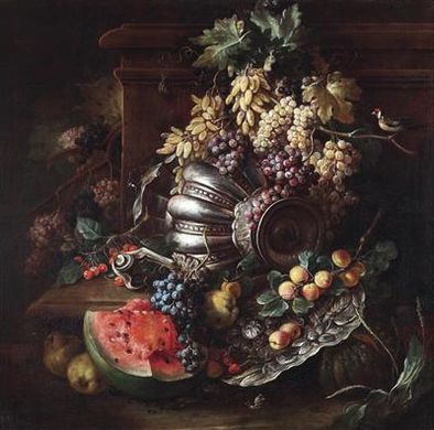 A still life of fruit with a vase