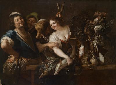 A huntsman and a maid with fish and game in a kitchen interior