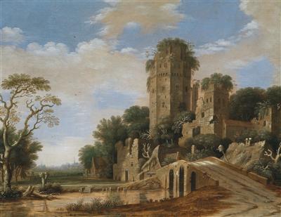 Castle ruins in a river landscape with fishermen