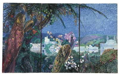Paravent in 3 parts with oriental landscape and peacocks by Galileo Chini - Auction record, sale price, and art valuation. Compare with similar artists and explore comparable artworks.