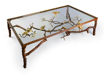 Coffee table with bird, tawny owl and snail
