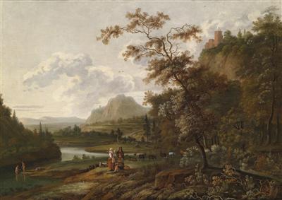 A wide landscape with resting shepherds