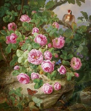 Large Decorative Still Life with Roses, Butterflies and Bird
