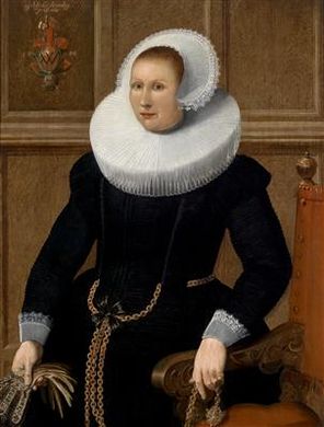 Portrait of a lady from a patrician family from Cologne in a black dress with a large collar and lace cap