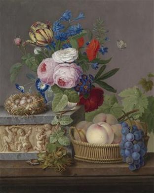 Still life with flowers, fruit and a bird's nest