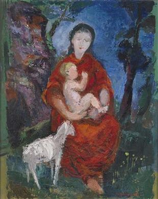 Mother with Child and Lamb in a Landscape