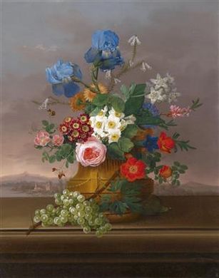 Flower Piece with Grapes set against a landscape