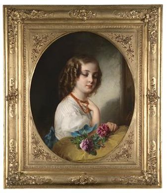 Portrait of a Girl with a Coral Necklace and Roses