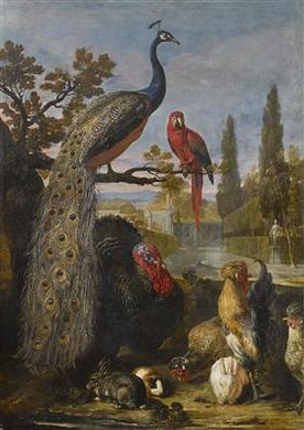 Game guarded by Dogs in a woodland Landscape; A Peacock, a Parrot, Turkey, Chickens, Rabbits and a Guinea Pig in a park Landscape; by David Coninck - Auction record, sale price, and art valuation. Compare with similar artists and explore comparable artworks.