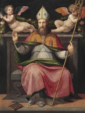 Saint Zanobi enthroned and two cherubs