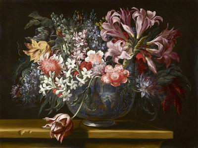 Tulips, lilys, hyacinths and dahlias in a porcelain vase