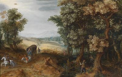 A wide landscape with an ambush by highwaymen