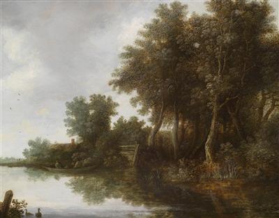 River landscape with a ferry boat and fisherman