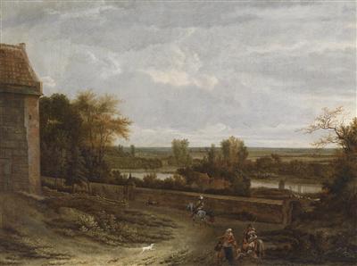 River landscape with a manor house and figural group