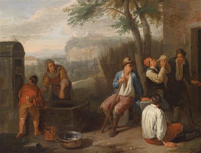 Southern landscape with country people drinking at a well