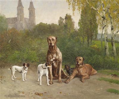 Jack Russells, Dachshund and Great Danes in a Happy Group by Carl Maria Seyppel - Auction record, sale price, and art valuation. Compare with similar artists and explore comparable artworks.
