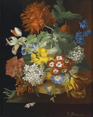 Flower Piece with Daffodils, Tulips, Primroses and Butterfly by Lina Krause - Auction record, sale price, and art valuation. Compare with similar artists and explore comparable artworks.